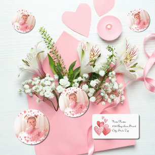 Hugs & Kisses Photo with Pink Hearts Valentine  Classic Round Sticker