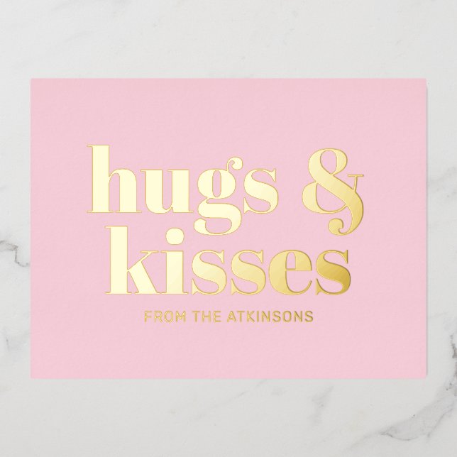 Hugs & kisses pink white modern bold typography foil holiday postcard (Front)