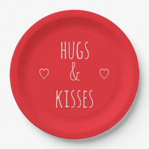 'Hugs & Kisses' Romantic Red White Valentine's Day Paper Plate
