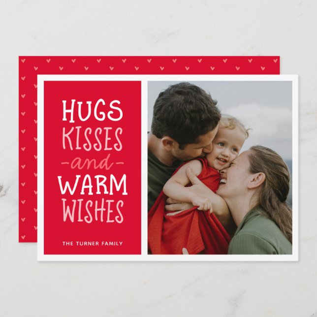Hugs Kisses Warm Wishes Cute Simple Red One Photo Holiday Card (Front/Back)