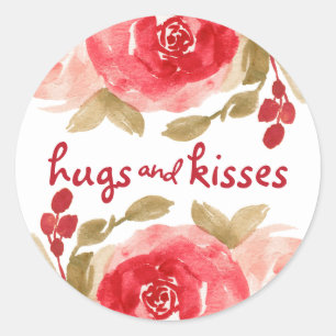 Hugs & Kisses Watercolor Red Rose Valentine Classic Round Sticker