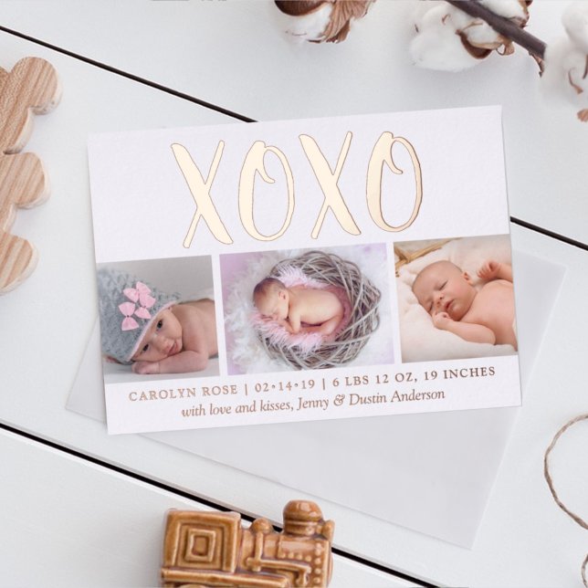 Hugs & Kisses (XOXO) 3 Photo Birth Announcement (Creator Uploaded)