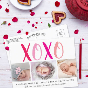 Hugs & Kisses (XOXO) 3 Photo Birth Announcement Postcard