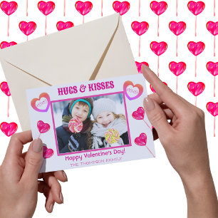 Hugs & Kisses XOXO Cute Pink Lollipops Heart Photo Holiday Card