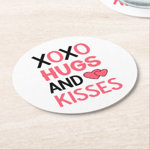 Hugs Kisses XOXO Pink Black Wedding Bridal Shower Round Paper Coaster