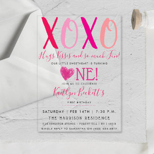 Hugs & Kisses (XOXO) Valentine's Day 1st Birthday Acrylic Invitations