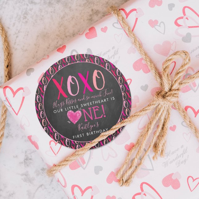 Hugs & Kisses (XOXO) Valentine's Day 1st Birthday Classic Round Sticker (Creator Uploaded)
