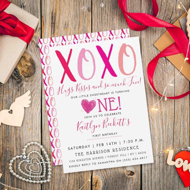 Hugs & Kisses (XOXO) Valentine's Day 1st Birthday Invitation (Creator Uploaded)