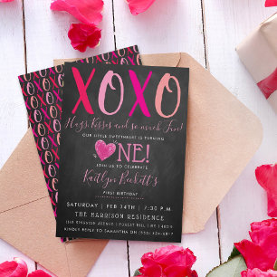 Hugs & Kisses (XOXO) Valentine's Day 1st Birthday Invitation