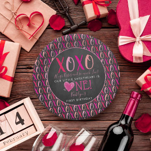 Hugs & Kisses (XOXO) Valentine's Day 1st Birthday Paper Plate