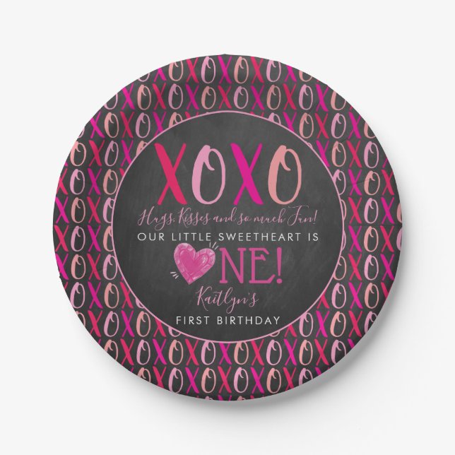 Hugs & Kisses (XOXO) Valentine's Day 1st Birthday Paper Plate (Front)