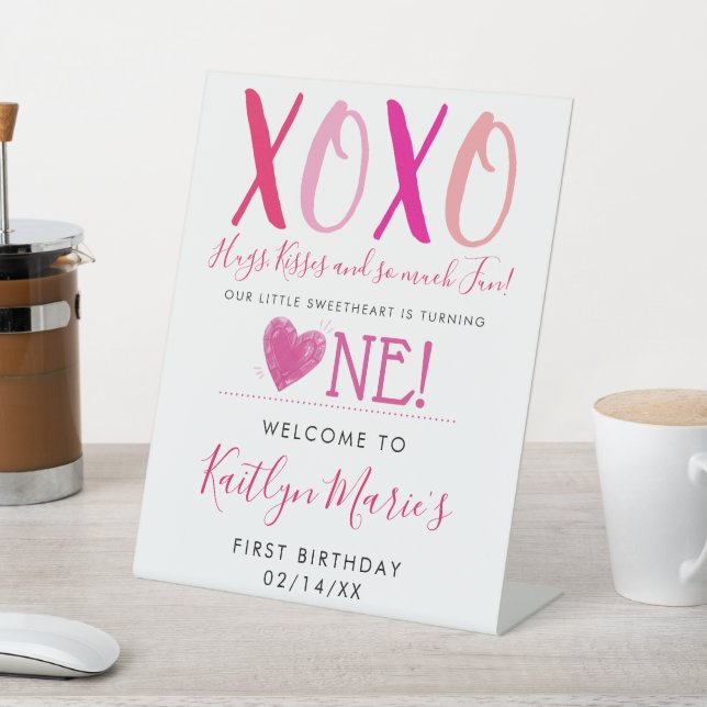 Hugs & Kisses (XOXO) Valentine's Day 1st Birthday Pedestal Sign (In SItu)