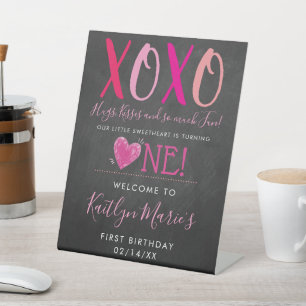 Hugs & Kisses (XOXO) Valentine's Day 1st Birthday Pedestal Sign
