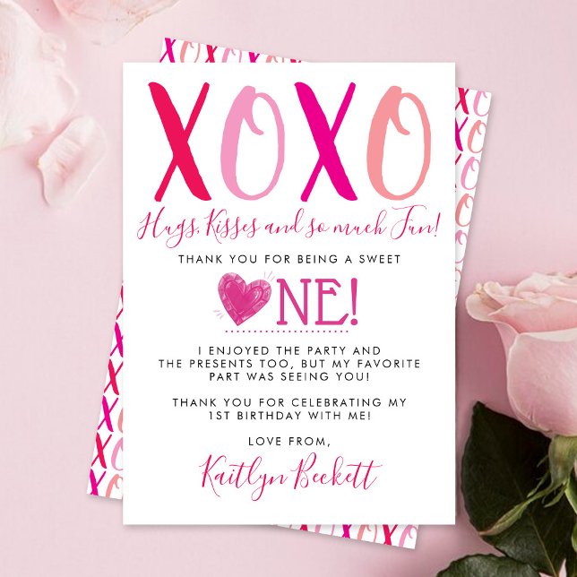 Hugs & Kisses (XOXO) Valentine's Day 1st Birthday Thank You Card (Creator Uploaded)