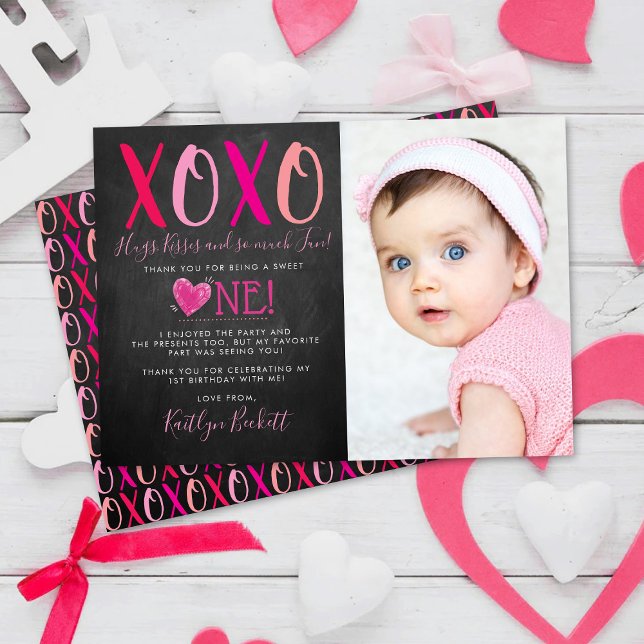 Hugs & Kisses (XOXO) Valentine's Day 1st Birthday Thank You Card (Creator Uploaded)