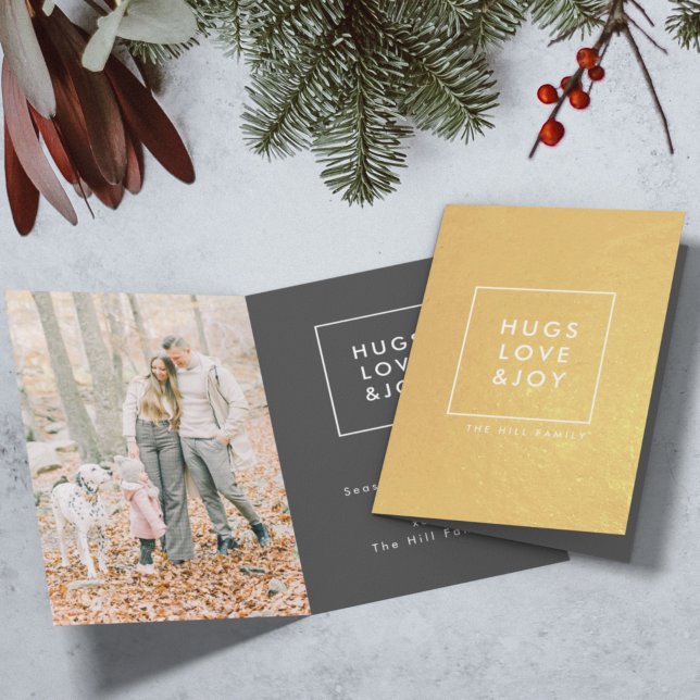 Hugs Love and Joy | Stylish Trendy Christmas Photo Foil Card (Creator Uploaded)