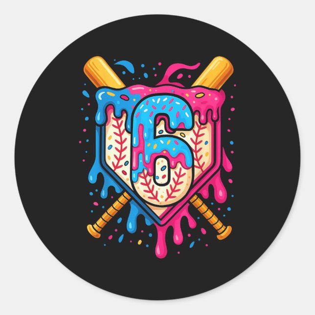 Hugvyn 6th Birthday Baseball Ice Cream Drip Number Classic Round Sticker (Front)