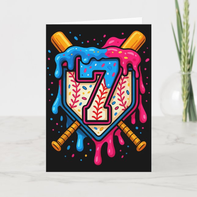 Hugvyn 7th Birthday Baseball Ice Cream Drip Number Card (Front)
