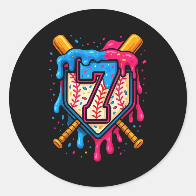 Hugvyn 7th Birthday Baseball Ice Cream Drip Number Classic Round Sticker (Front)