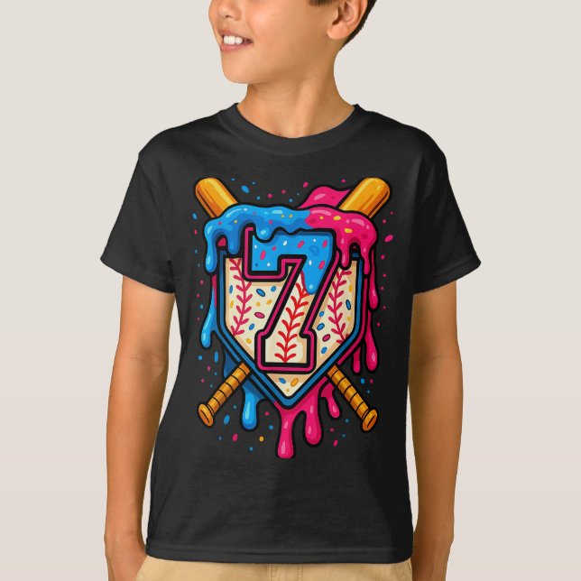 Hugvyn 7th Birthday Baseball Ice Cream Drip Number T-Shirt (Front)