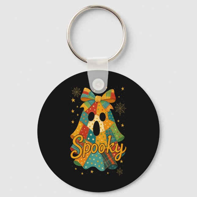Hugvyn Halloween Patchwork Spooky Ghost Bow Preppy Key Ring (Front)