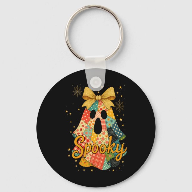 Hugvyn Halloween Patchwork Spooky Ghost Bow Preppy Key Ring (Front)