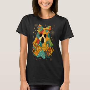 Hugvyn Halloween Patchwork Spooky Ghost Bow Preppy T-Shirt