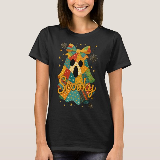 Hugvyn Halloween Patchwork Spooky Ghost Bow Preppy T-Shirt (Front)
