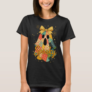 Hugvyn Halloween Patchwork Spooky Ghost Bow Preppy T-Shirt