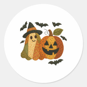 Hugvyn Halloween Preppy Patchwork Pumpkin Floral A Classic Round Sticker