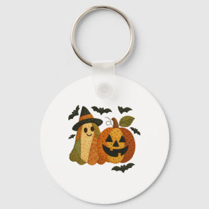 Hugvyn Halloween Preppy Patchwork Pumpkin Floral A Key Ring