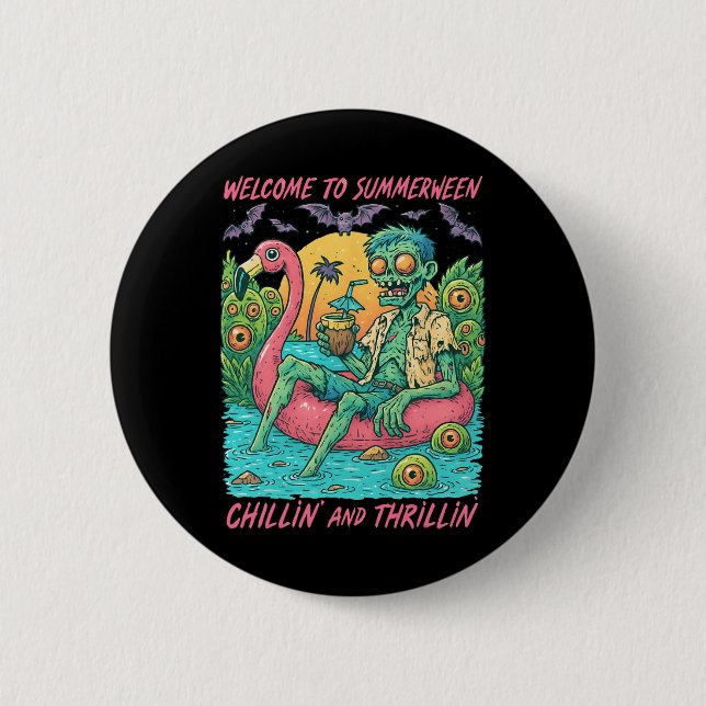 Hugvyn Halloween Summerween Zombie Float Flamingo  6 Cm Round Badge (Front)