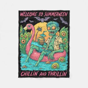 Hugvyn Halloween Summerween Zombie Float Flamingo Fleece Blanket