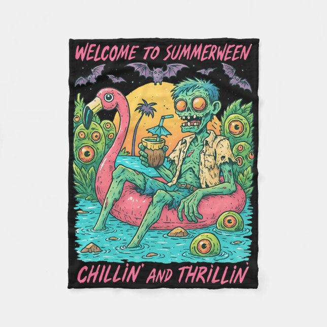 Hugvyn Halloween Summerween Zombie Float Flamingo  Fleece Blanket (Front)