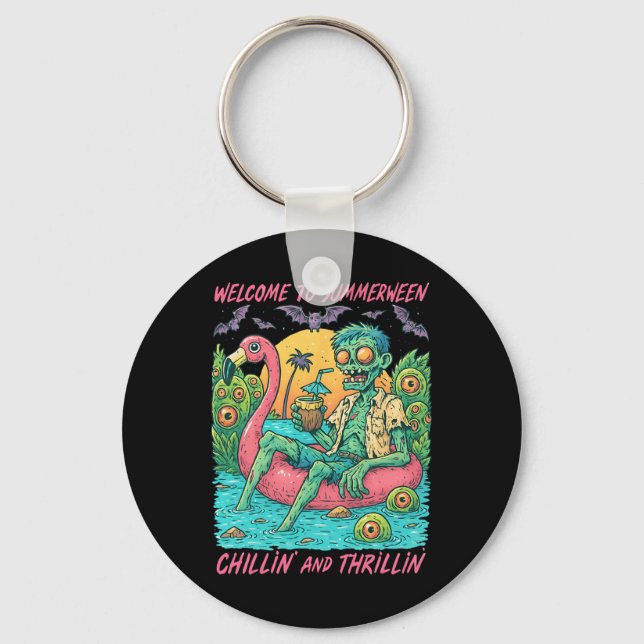 Hugvyn Halloween Summerween Zombie Float Flamingo  Key Ring (Front)