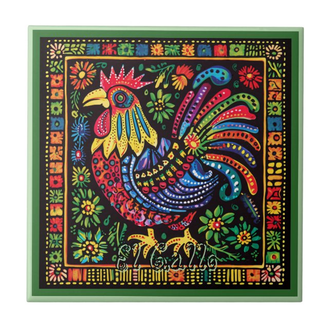 Huichol Loteria Ceramic Tile: El Gallo Tile (Front)