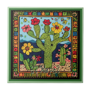 Huichol Loteria Ceramic Tile:El Nopal Ceramic Tile