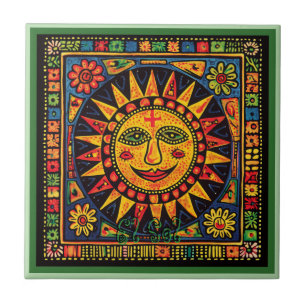 Huichol Loteria Ceramic Tile: El Sol Ceramic Tile
