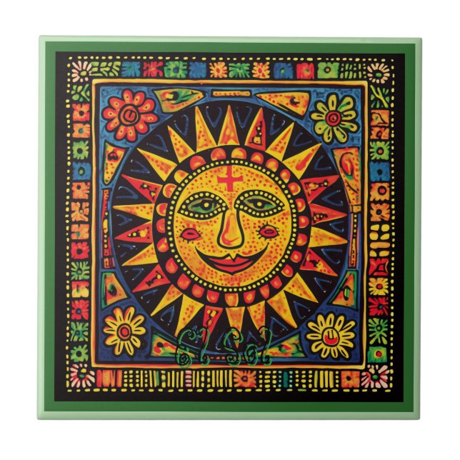 Huichol Loteria Ceramic Tile: El Sol Ceramic Tile (Front)