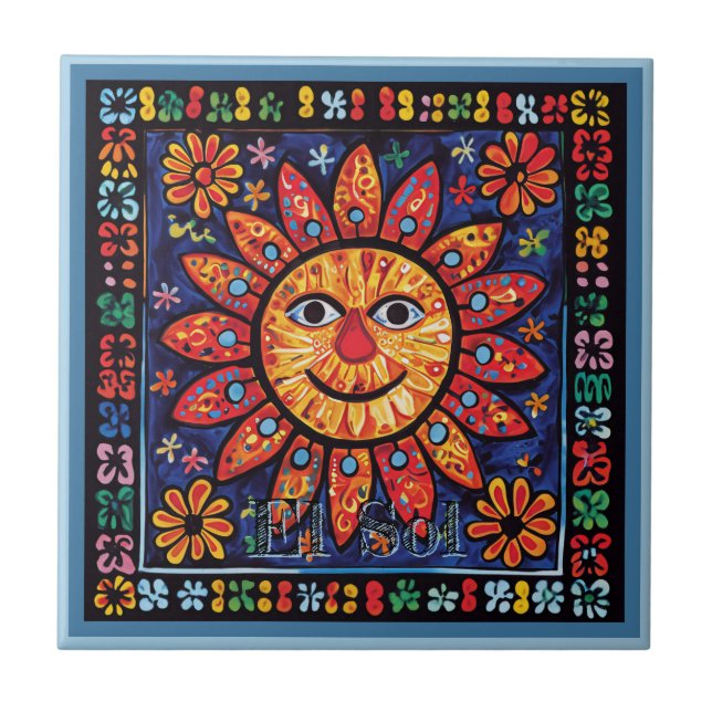 Huichol Loteria Ceramic Tile: El Sol Ceramic Tile (Front)