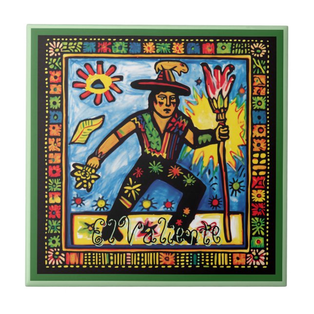 Huichol Loteria Ceramic Tile: El Valiente Ceramic Tile (Front)