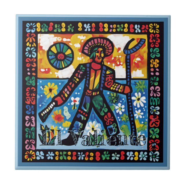 Huichol Loteria Ceramic Tile: El Valiente Ceramic Tile (Front)