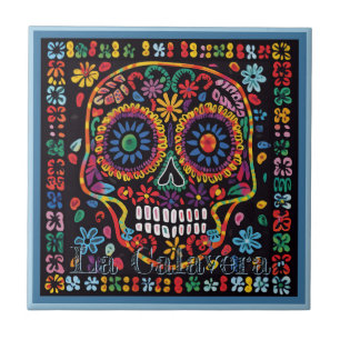 Huichol Loteria Ceramic Tile:La Calavera Tile