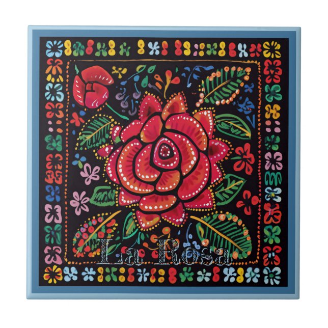 Huichol Loteria Ceramic Tile: La Rosa Ceramic Tile (Front)