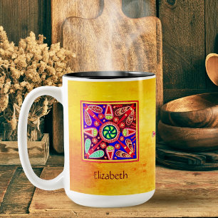 Huichol Mexican Art Bohemian Colourful Two-Tone Coffee Mug