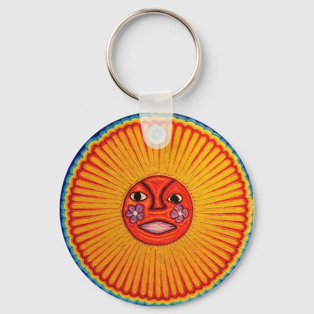 Huichol String Art Sun Mexican Folk Art Key Ring (Front)