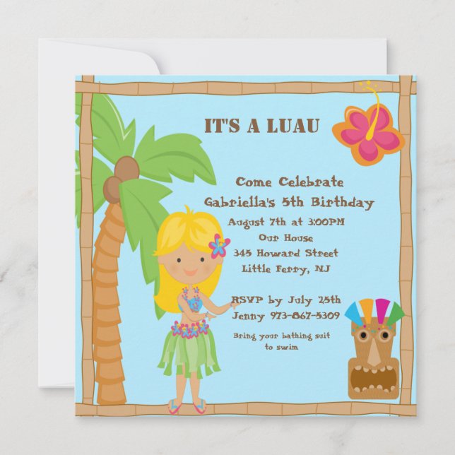 Hula Blonde Girl Luau Square Birthday Invitation (Front)