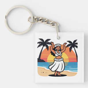 Hula dance beach party sunset tropical island art key ring
