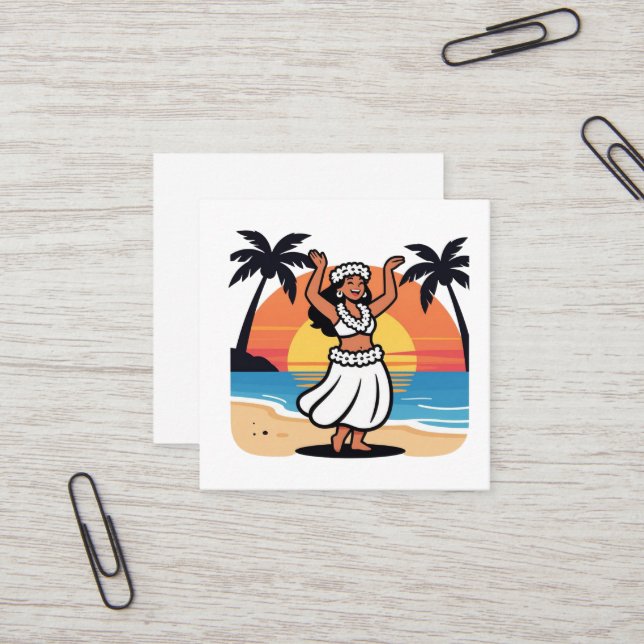 Hula dance beach party sunset tropical island art square business card (Front/Back In Situ)