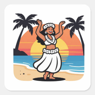 Hula dance beach party sunset tropical island art square sticker
